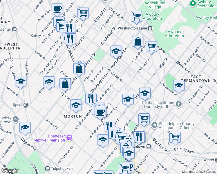map of restaurants, bars, coffee shops, grocery stores, and more near 6213 Baynton Street in Philadelphia