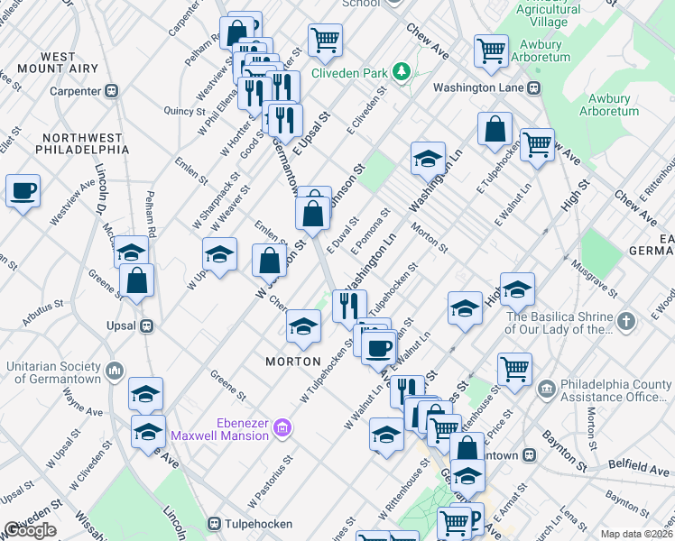 map of restaurants, bars, coffee shops, grocery stores, and more near 6330 Germantown Avenue in Philadelphia