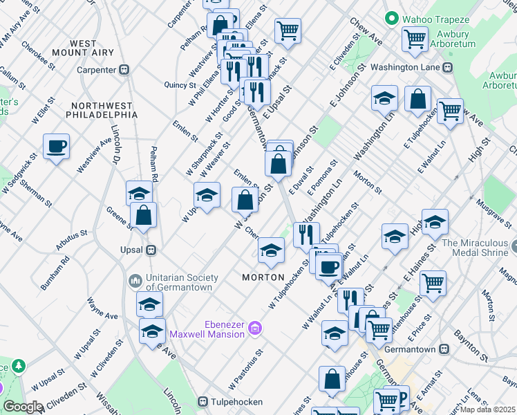 map of restaurants, bars, coffee shops, grocery stores, and more near 43 West Duval Street in Philadelphia
