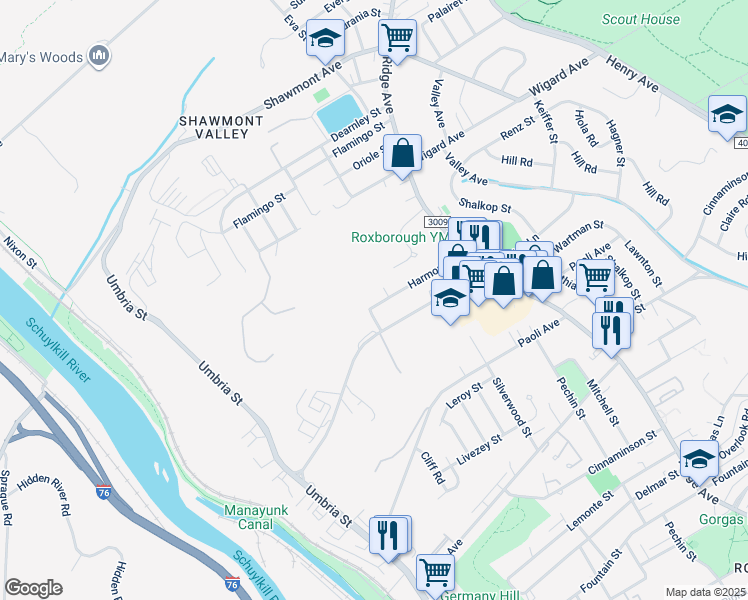map of restaurants, bars, coffee shops, grocery stores, and more near 420 Harmon Road in Philadelphia