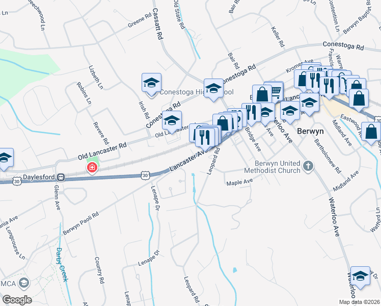 map of restaurants, bars, coffee shops, grocery stores, and more near 23 Grey Court in Berwyn