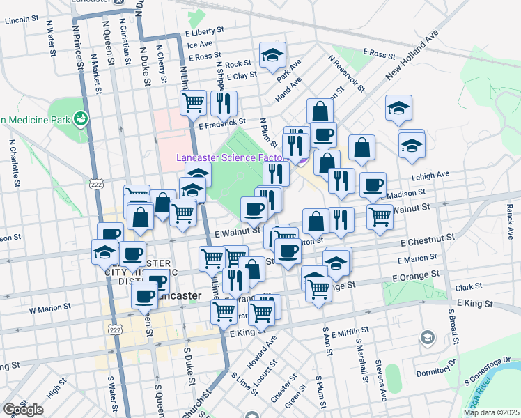 map of restaurants, bars, coffee shops, grocery stores, and more near 331A East Walnut Street in Lancaster