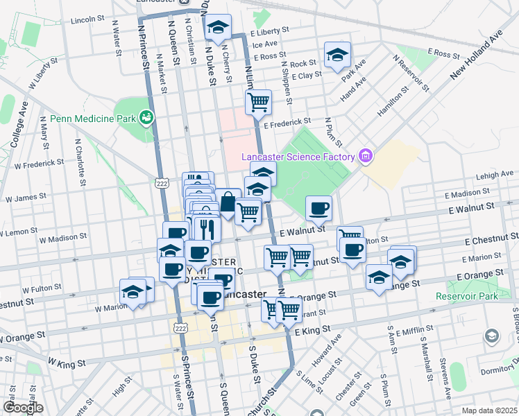 map of restaurants, bars, coffee shops, grocery stores, and more near 149e East Madison Street in Lancaster