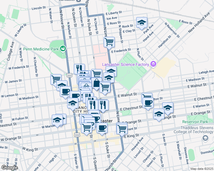 map of restaurants, bars, coffee shops, grocery stores, and more near 149e East Madison Street in Lancaster