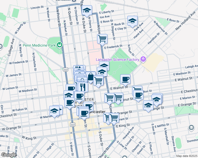 map of restaurants, bars, coffee shops, grocery stores, and more near 149e East Madison Street in Lancaster
