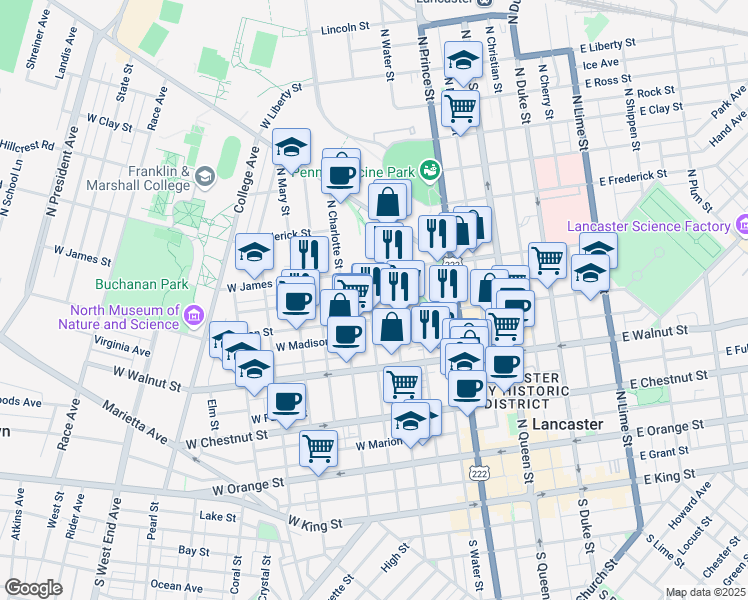 map of restaurants, bars, coffee shops, grocery stores, and more near 421 North Concord Street in Lancaster