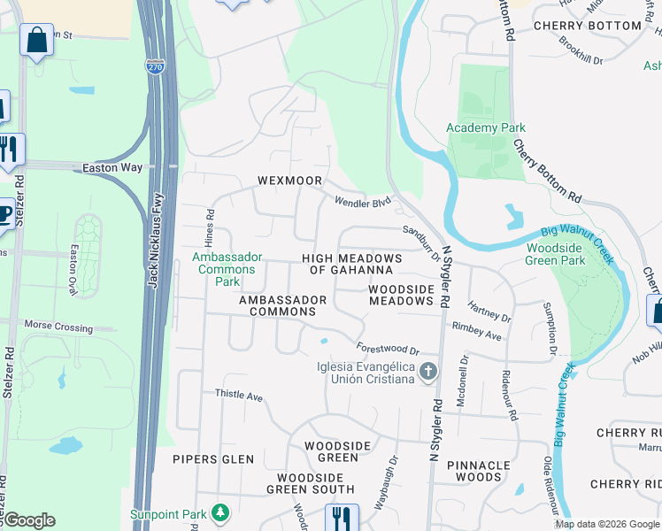 map of restaurants, bars, coffee shops, grocery stores, and more near 942 Meldrake Court in Gahanna