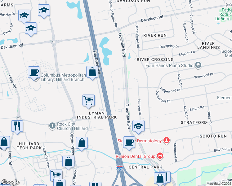 map of restaurants, bars, coffee shops, grocery stores, and more near Jack Nicklaus Freeway in Hilliard