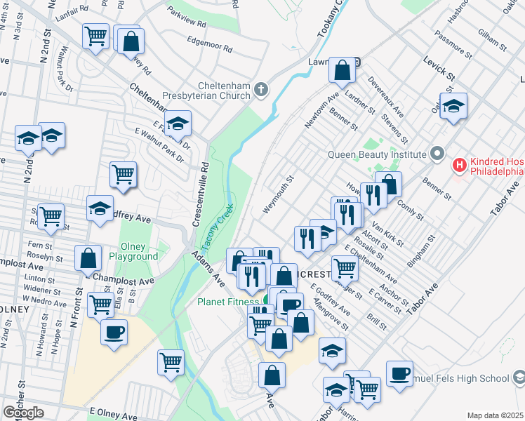 map of restaurants, bars, coffee shops, grocery stores, and more near 5712 Weymouth Street in Philadelphia