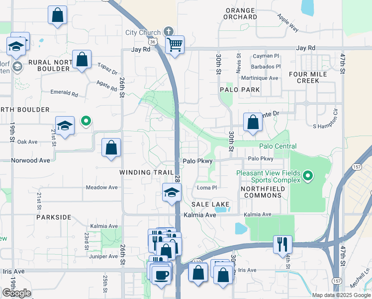 map of restaurants, bars, coffee shops, grocery stores, and more near 3823 Paseo del Prado in Boulder