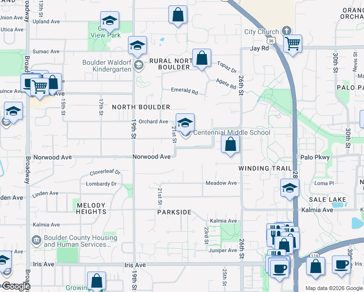 map of restaurants, bars, coffee shops, grocery stores, and more near 2205 Norwood Avenue in Boulder