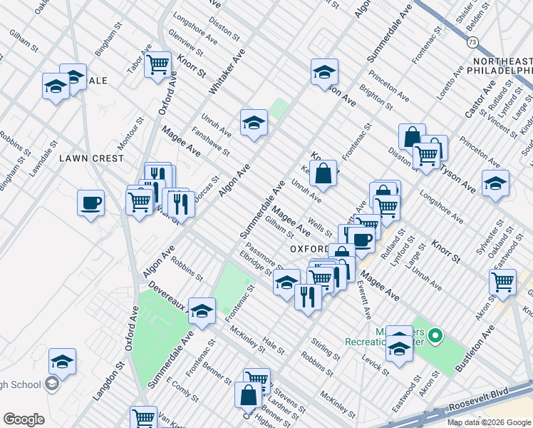map of restaurants, bars, coffee shops, grocery stores, and more near 1201 Greeby Street in Philadelphia