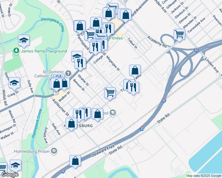 map of restaurants, bars, coffee shops, grocery stores, and more near 4616 Pennypack Street in Philadelphia