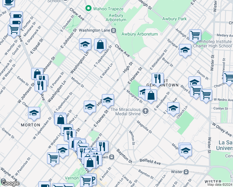 map of restaurants, bars, coffee shops, grocery stores, and more near 5912 Magnolia Street in Philadelphia
