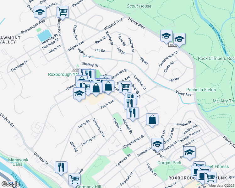 map of restaurants, bars, coffee shops, grocery stores, and more near 7015 Ridge Avenue in Philadelphia