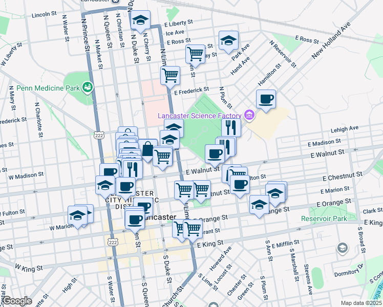 map of restaurants, bars, coffee shops, grocery stores, and more near 234 East Lemon Street in Lancaster