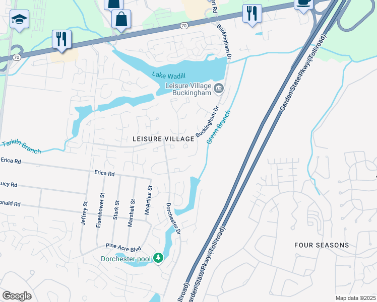map of restaurants, bars, coffee shops, grocery stores, and more near 61D Buckingham Drive in Lakewood Township