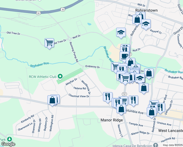 map of restaurants, bars, coffee shops, grocery stores, and more near 2230 Embassy Drive in Lancaster