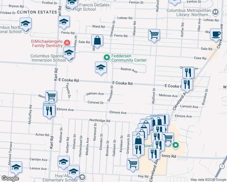 map of restaurants, bars, coffee shops, grocery stores, and more near 1709 Hansen Avenue in Columbus