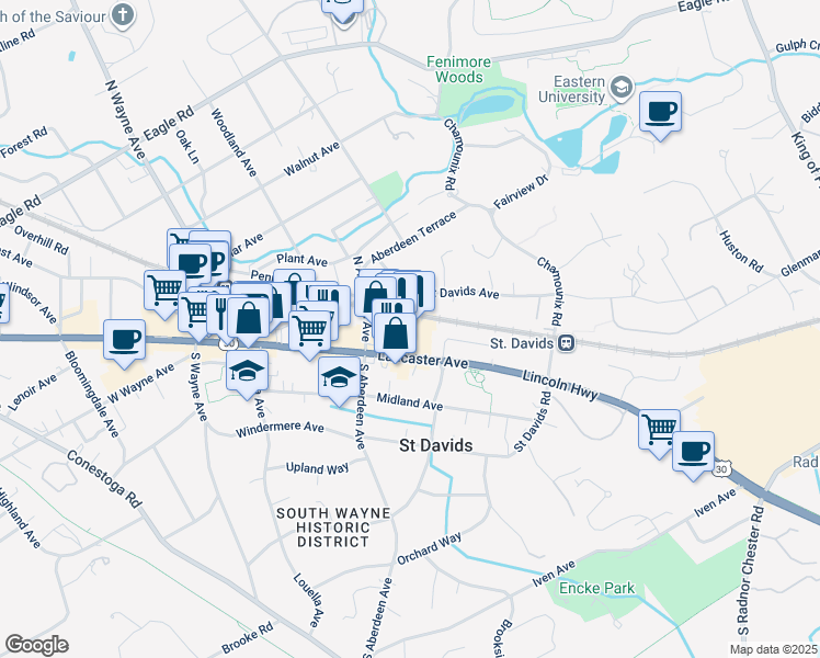 map of restaurants, bars, coffee shops, grocery stores, and more near 319 East Lancaster Avenue in Wayne