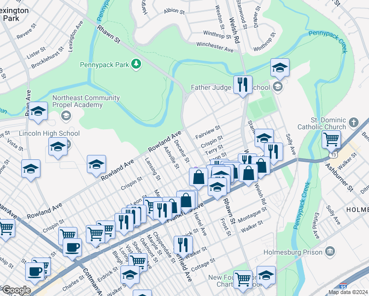 map of restaurants, bars, coffee shops, grocery stores, and more near 3341 Decatur Street in Philadelphia