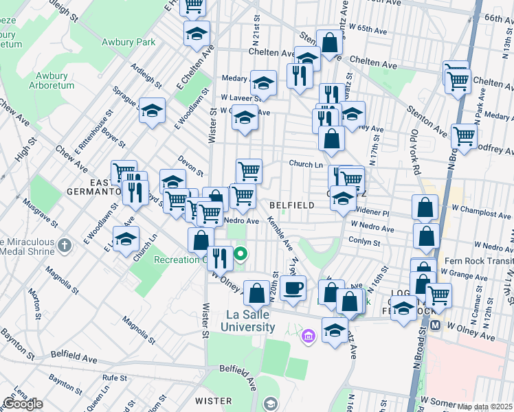 map of restaurants, bars, coffee shops, grocery stores, and more near 5940 Kemble Avenue in Philadelphia