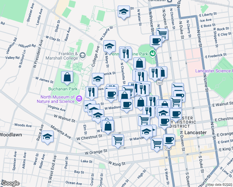 map of restaurants, bars, coffee shops, grocery stores, and more near 432 Lancaster Avenue in Lancaster