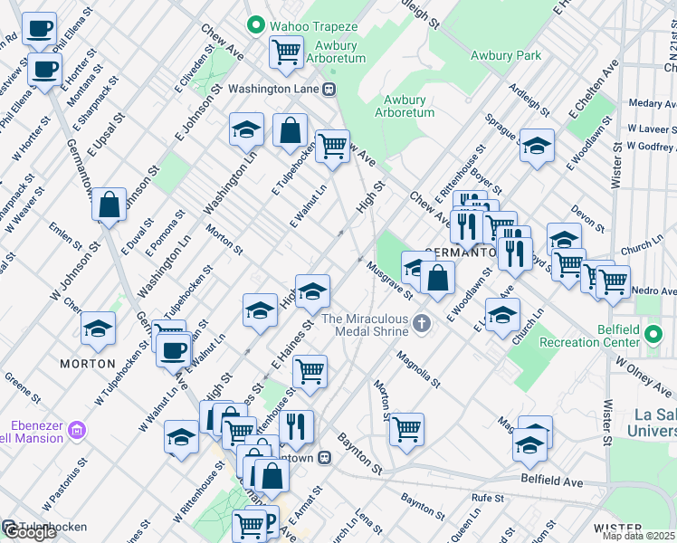 map of restaurants, bars, coffee shops, grocery stores, and more near 5912 Magnolia Street in Philadelphia