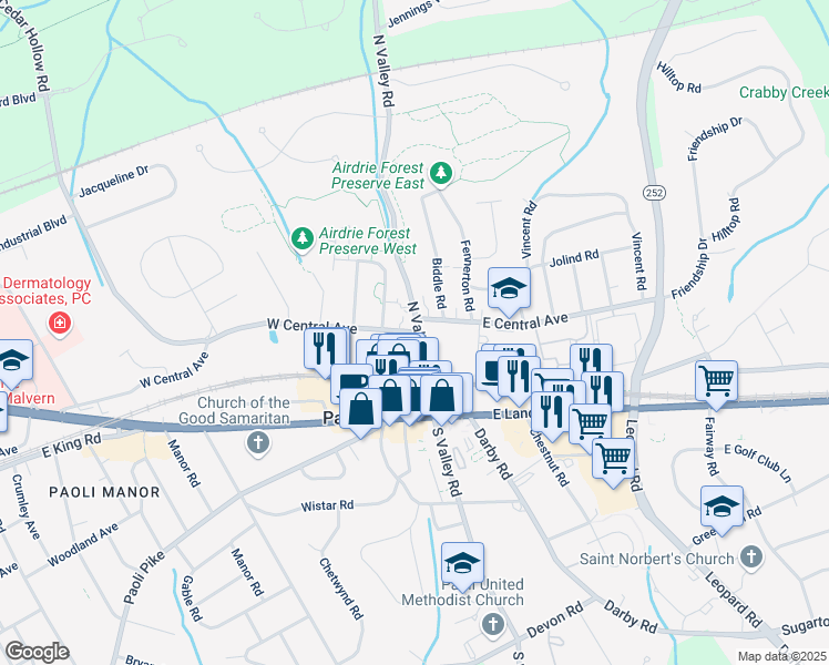 map of restaurants, bars, coffee shops, grocery stores, and more near 4 Central Avenue in Paoli