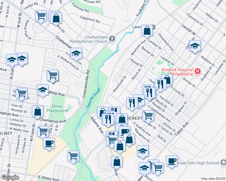 map of restaurants, bars, coffee shops, grocery stores, and more near 5716 Weymouth Street in Philadelphia