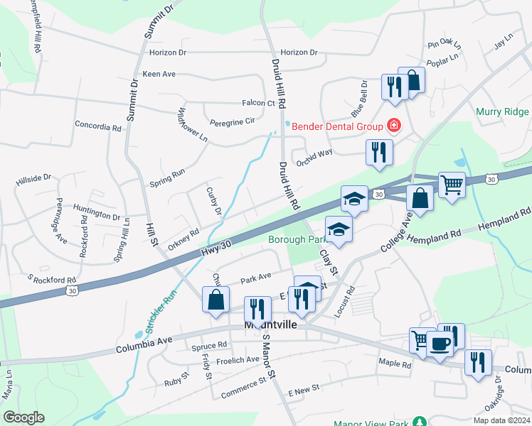 map of restaurants, bars, coffee shops, grocery stores, and more near 3608 Orkney Road in Mountville