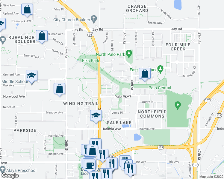 map of restaurants, bars, coffee shops, grocery stores, and more near 3850 Paseo del Prado in Boulder