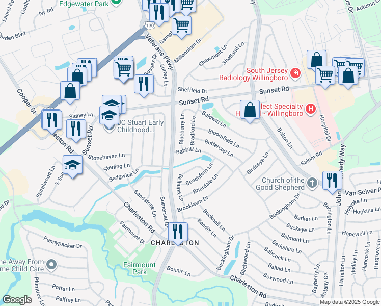 map of restaurants, bars, coffee shops, grocery stores, and more near 16 Babbitt Lane in Willingboro