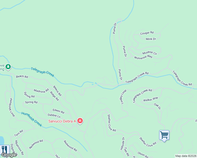 map of restaurants, bars, coffee shops, grocery stores, and more near 2081 Telegraph Creek Road in Whitethorn