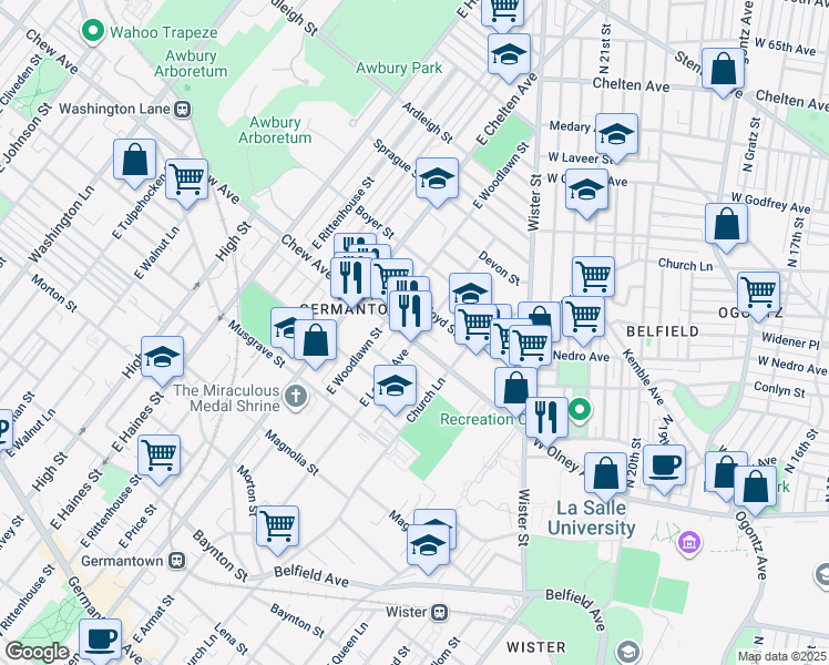 map of restaurants, bars, coffee shops, grocery stores, and more near 807 East Locust Avenue in Philadelphia