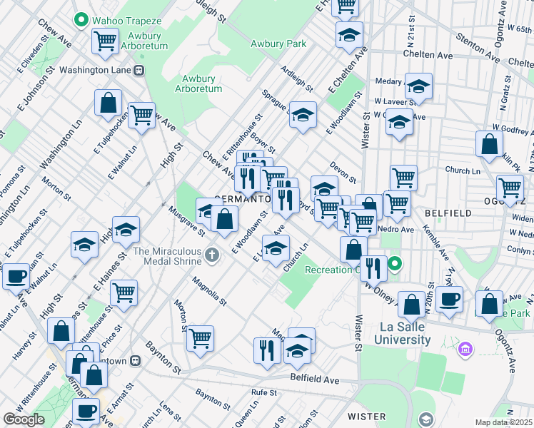 map of restaurants, bars, coffee shops, grocery stores, and more near 750 East Woodlawn Street in Philadelphia