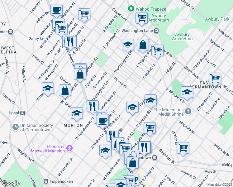 map of restaurants, bars, coffee shops, grocery stores, and more near 128 East Pastorius Street in Philadelphia
