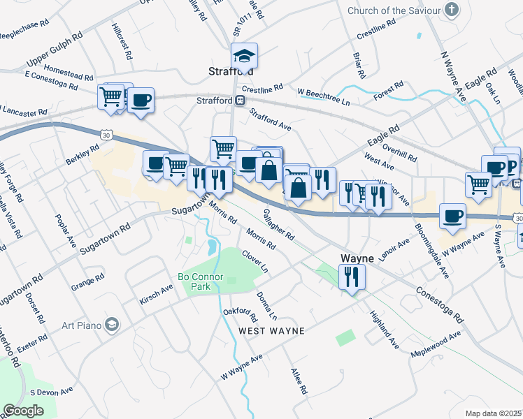 map of restaurants, bars, coffee shops, grocery stores, and more near 512 West Lancaster Avenue in Wayne