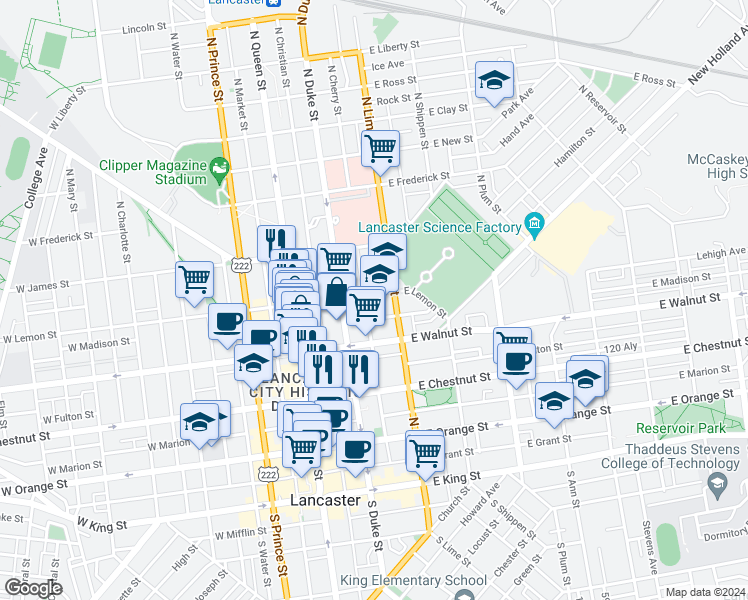 map of restaurants, bars, coffee shops, grocery stores, and more near 134 East Lemon Street in Lancaster