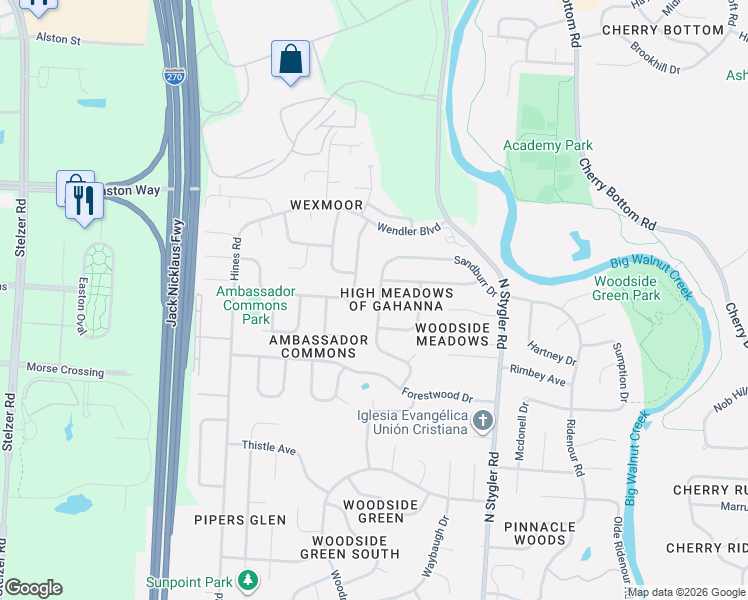 map of restaurants, bars, coffee shops, grocery stores, and more near 942 Meldrake Court in Gahanna