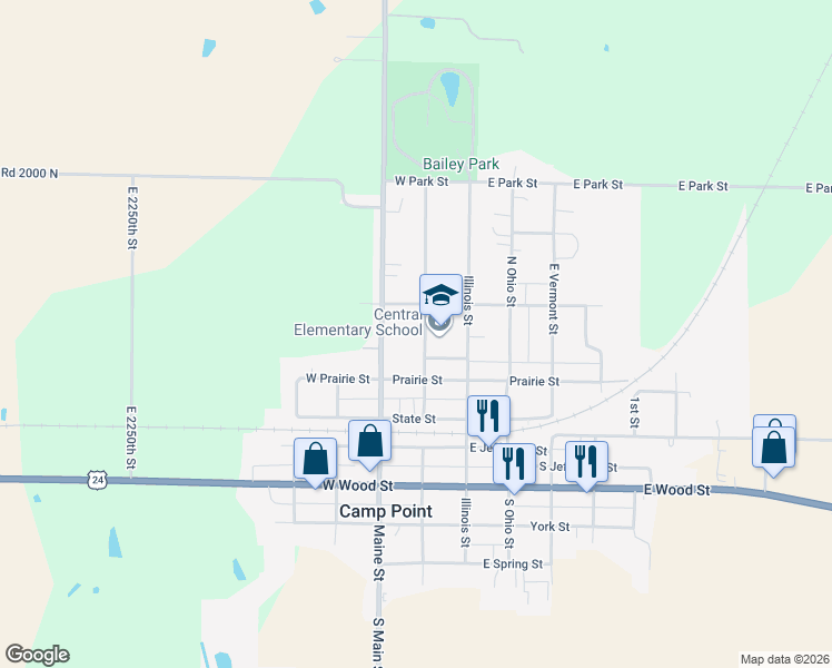 map of restaurants, bars, coffee shops, grocery stores, and more near 230-298 North Kentucky Street in Camp Point