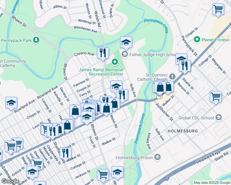 map of restaurants, bars, coffee shops, grocery stores, and more near 3517 Stanwood Street in Philadelphia