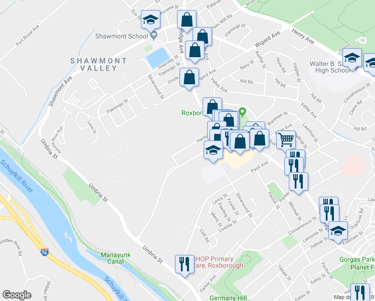 map of restaurants, bars, coffee shops, grocery stores, and more near 439 Harmon Road in Philadelphia