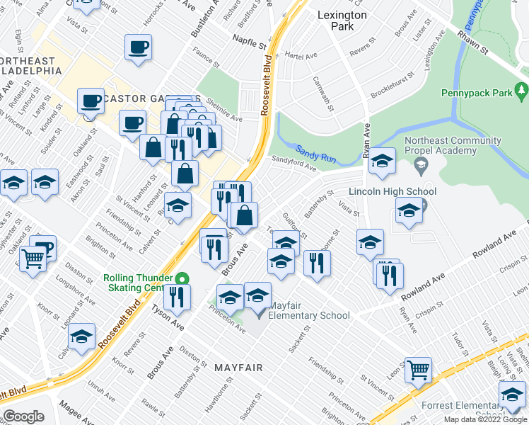map of restaurants, bars, coffee shops, grocery stores, and more near 7332 Brous Avenue in Philadelphia