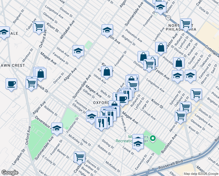 map of restaurants, bars, coffee shops, grocery stores, and more near 1343 Fanshawe Street in Philadelphia