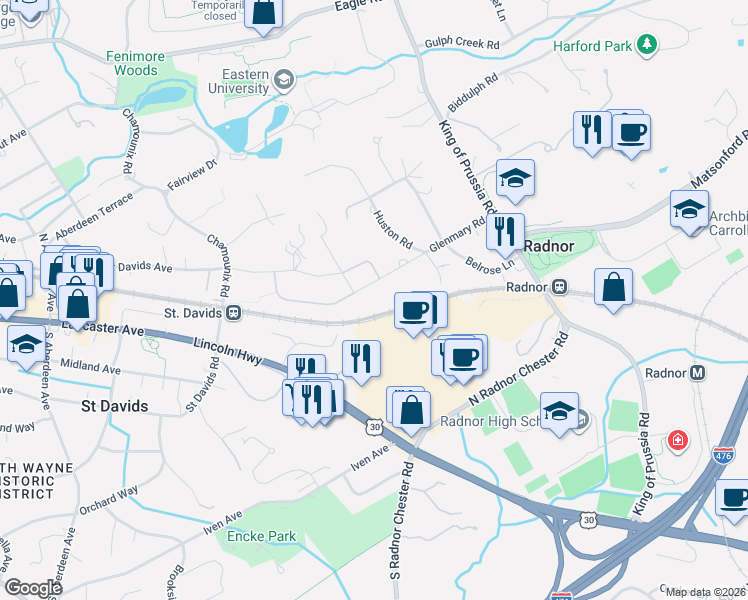 map of restaurants, bars, coffee shops, grocery stores, and more near 602 Glenmary Road in Saint Davids