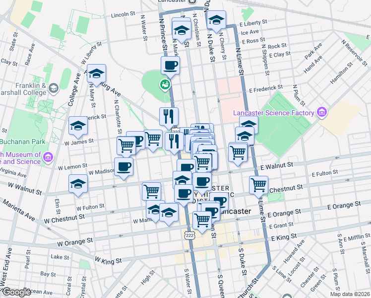 map of restaurants, bars, coffee shops, grocery stores, and more near 351 North Market Street in Lancaster