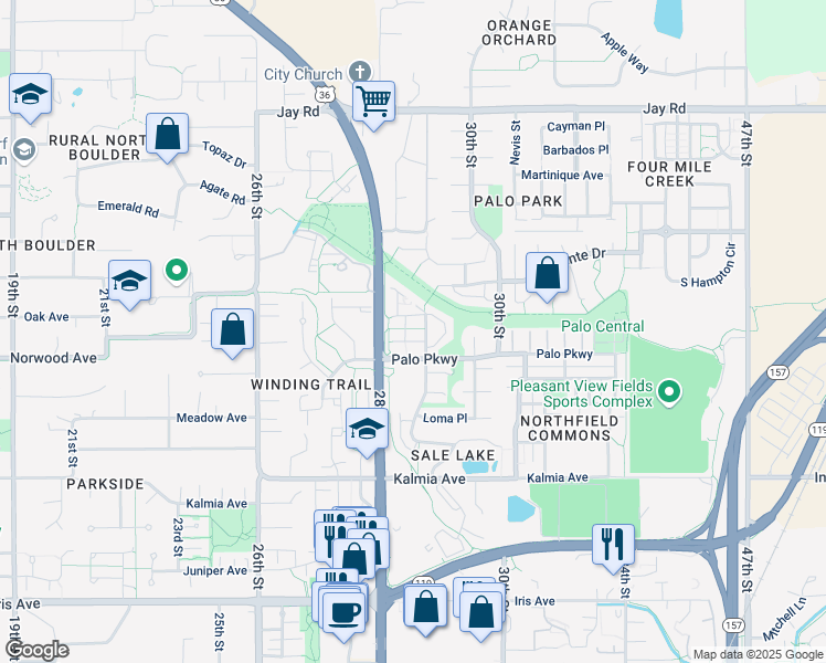 map of restaurants, bars, coffee shops, grocery stores, and more near 3850 Paseo del Prado in Boulder