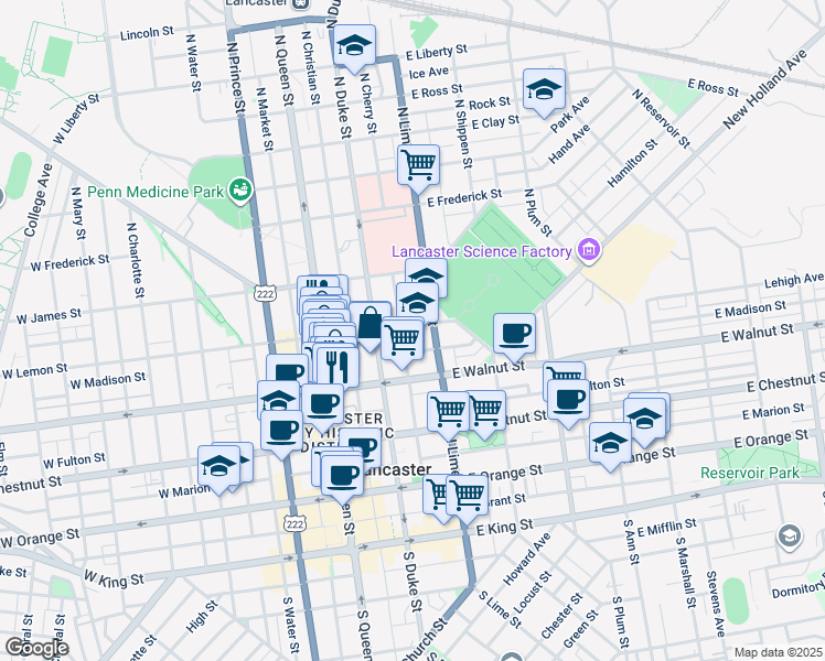 map of restaurants, bars, coffee shops, grocery stores, and more near 136 East Lemon Street in Lancaster