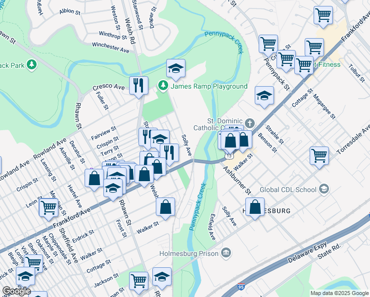 map of restaurants, bars, coffee shops, grocery stores, and more near 3606 Solly Avenue in Philadelphia